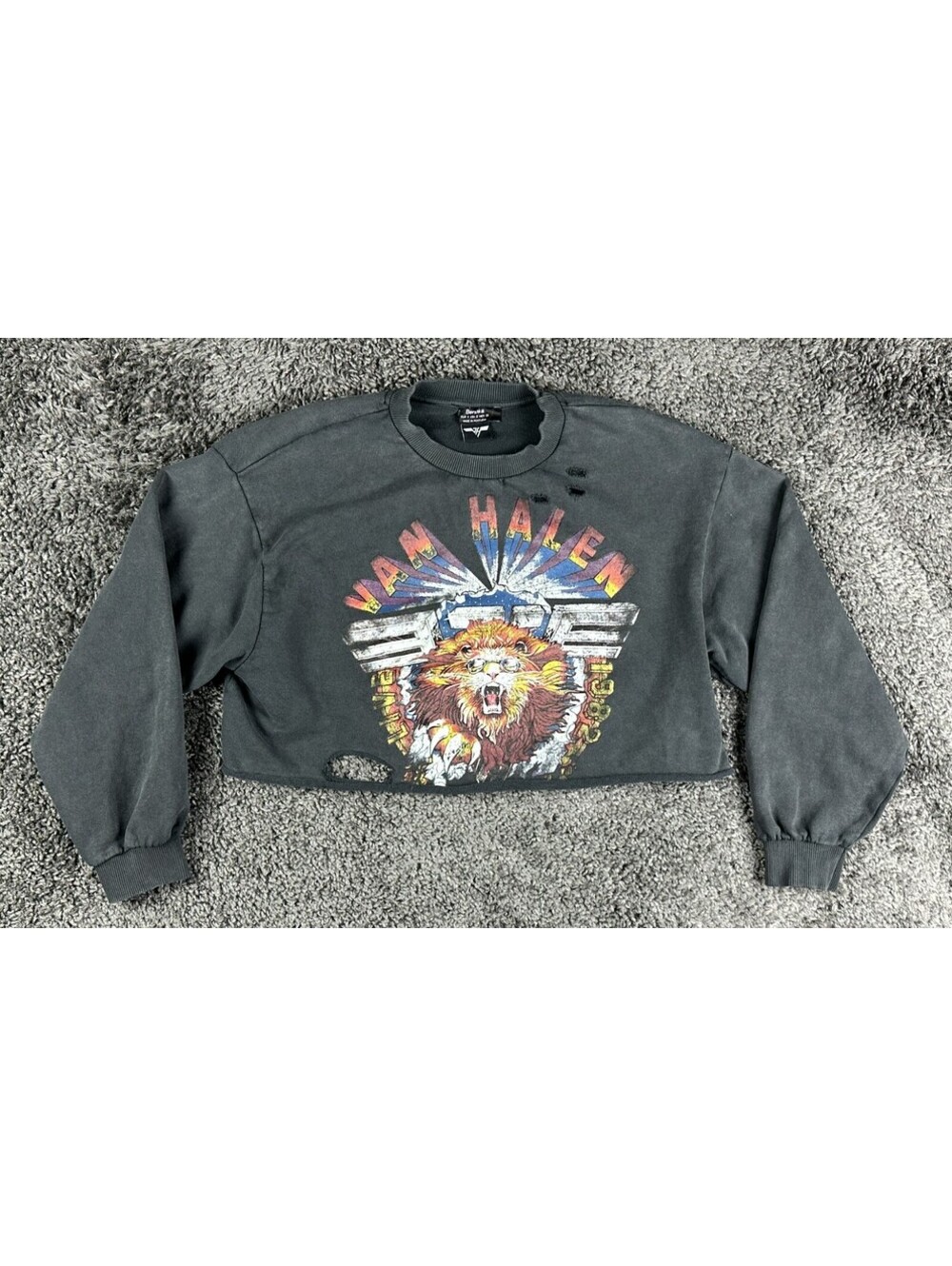 Bershka Van Halen 1982 Crop Sweatshirt Womens S Washed Black Distressed Cut Off